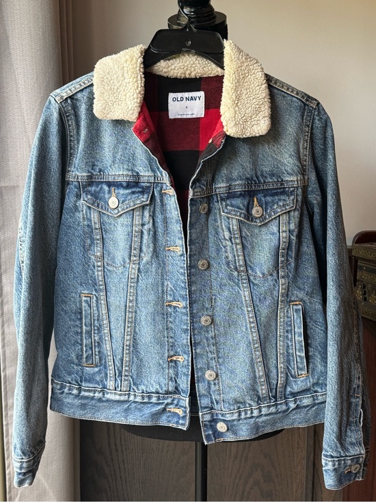 Old Navy Other - Old Navy Blue Denim Jacket with Cream Sherpa Collar and Red Plaid Lining small